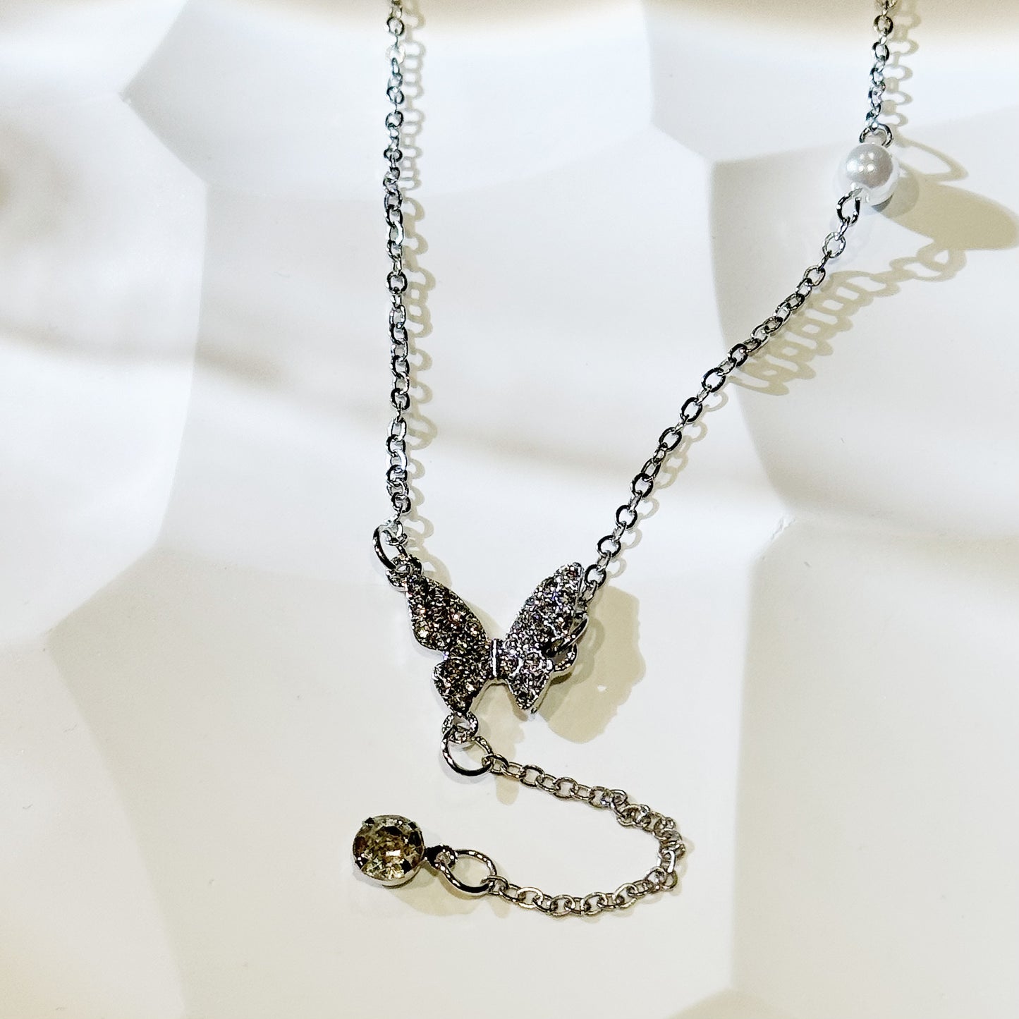 Sliver Butterfly & Pearls Necklace